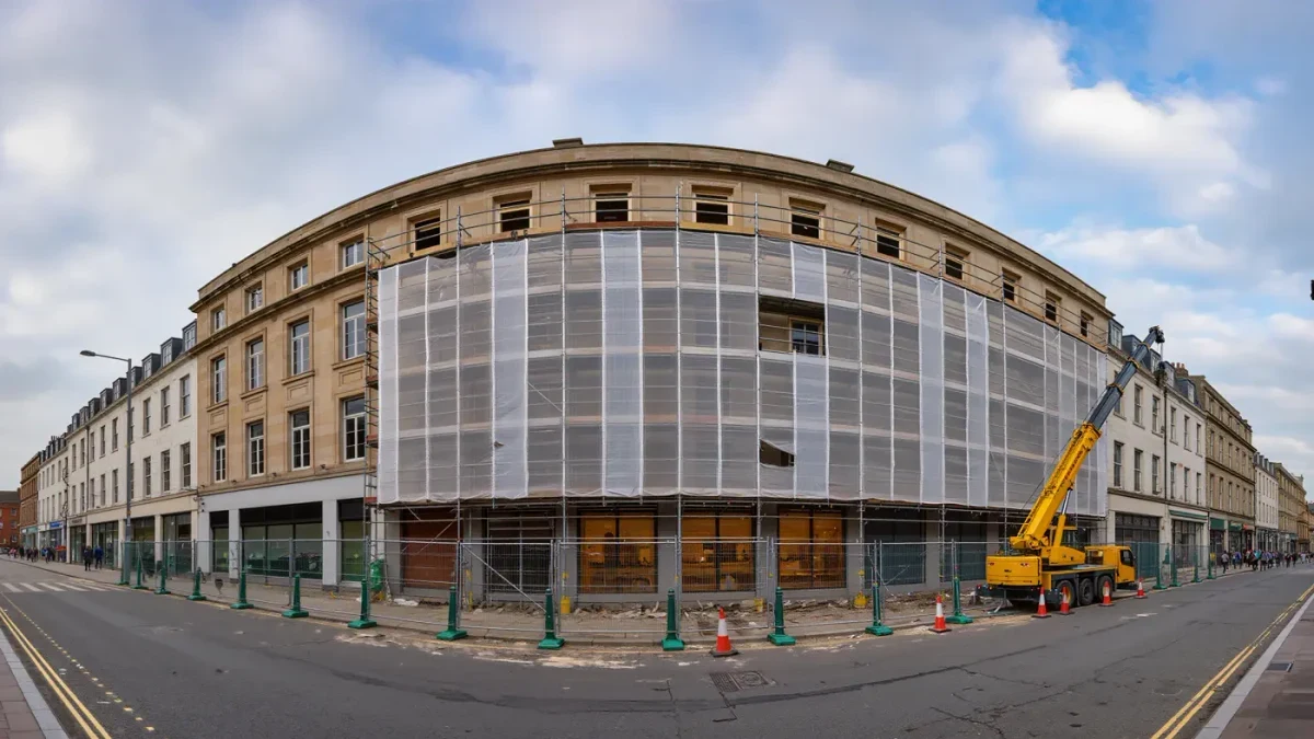 Downtown office building under conversion with scaffolding