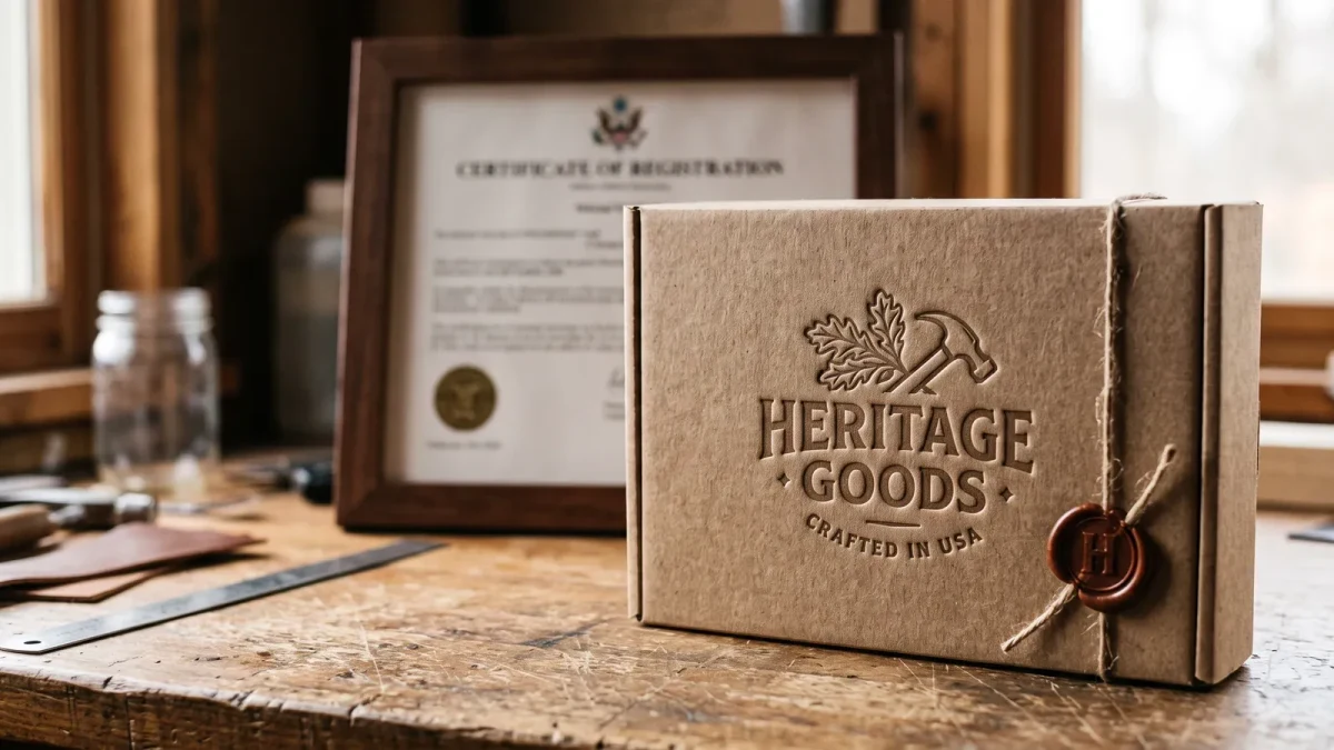 Close-up of branded packaging with a registration certificate behind