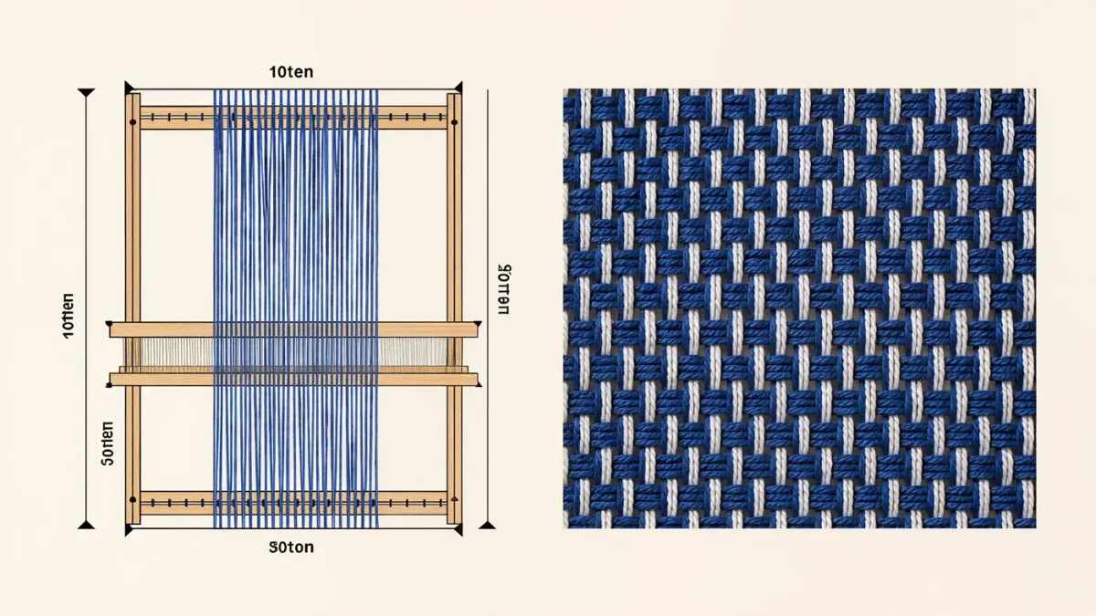 Weaving diagram showing warp spacing beside a plain-weave structure grid