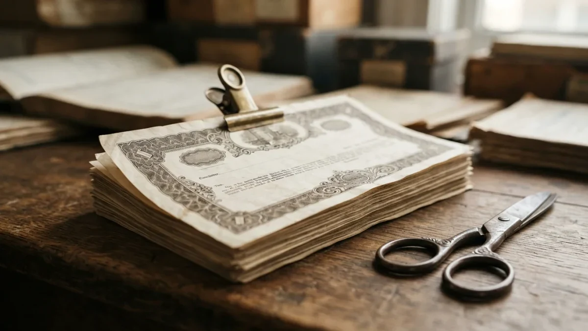 Close-up of stock certificate documents being clipped together
