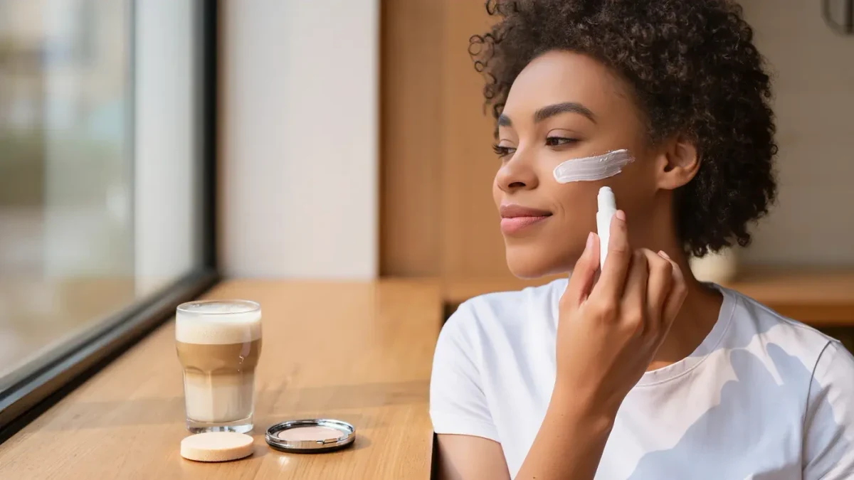 Woman pressing a sunscreen stick over her makeup by a café window