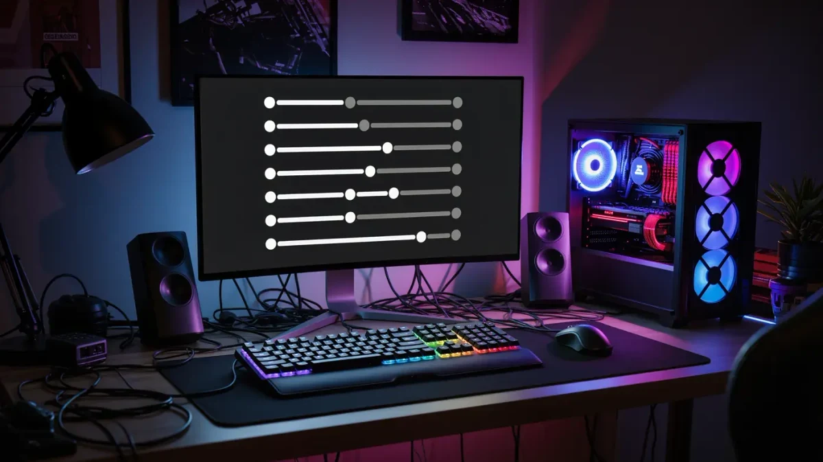 Gaming desk with monitor displaying a graphics settings menu, no people