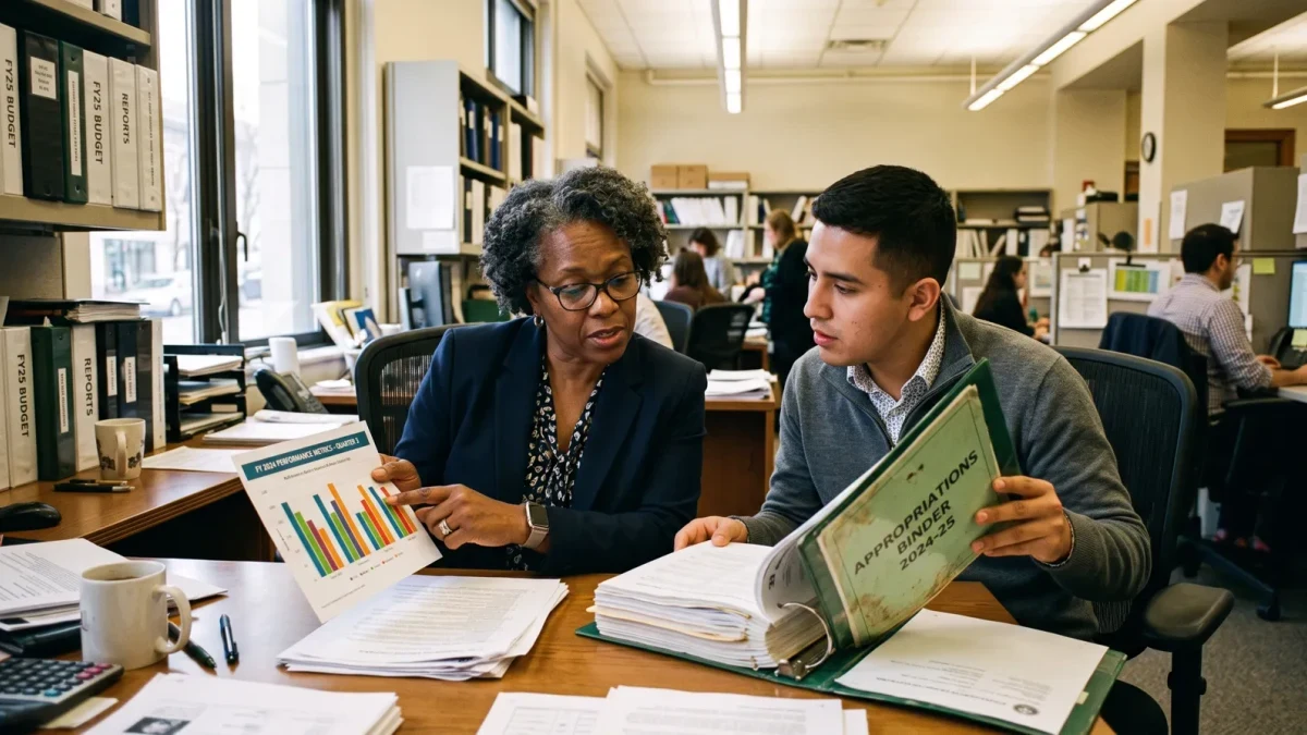 Budget analysts comparing performance charts in a legislative fiscal office