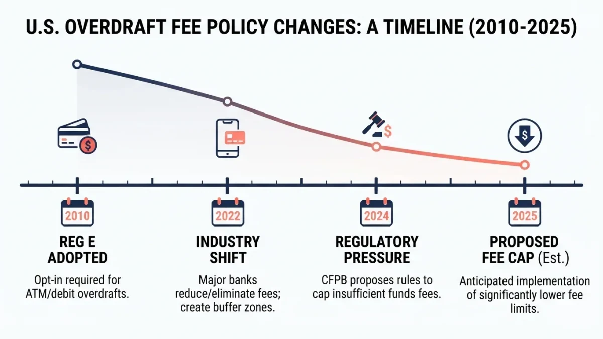 Editorial timeline infographic of overdraft rule changes from 2010 to 2025