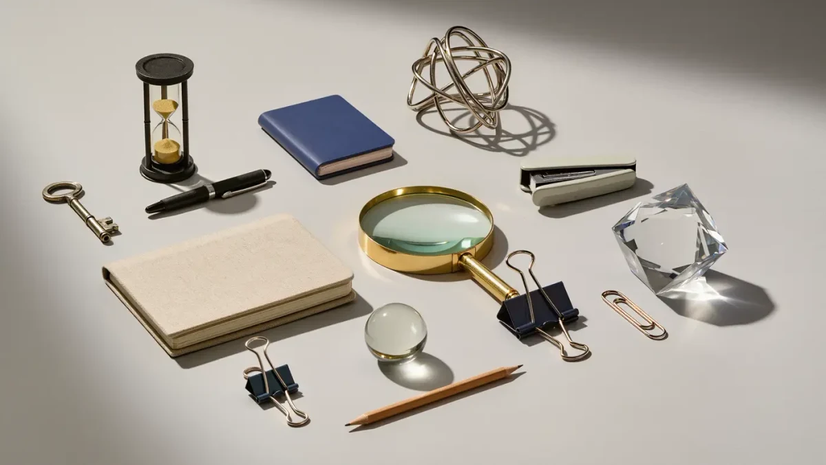 Close-up of twelve distinct desk objects arranged in a grid