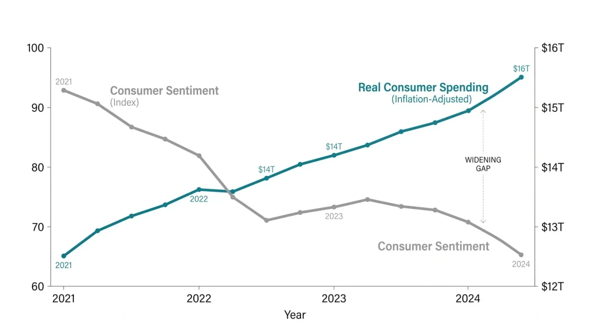 Diverging lines of sentiment and spending on one chart