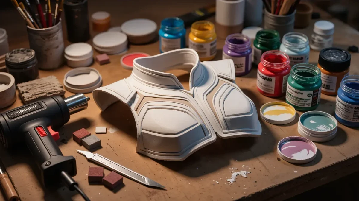 Detailed close-up of handcrafted cosplay armor pieces and tools on a workbench
