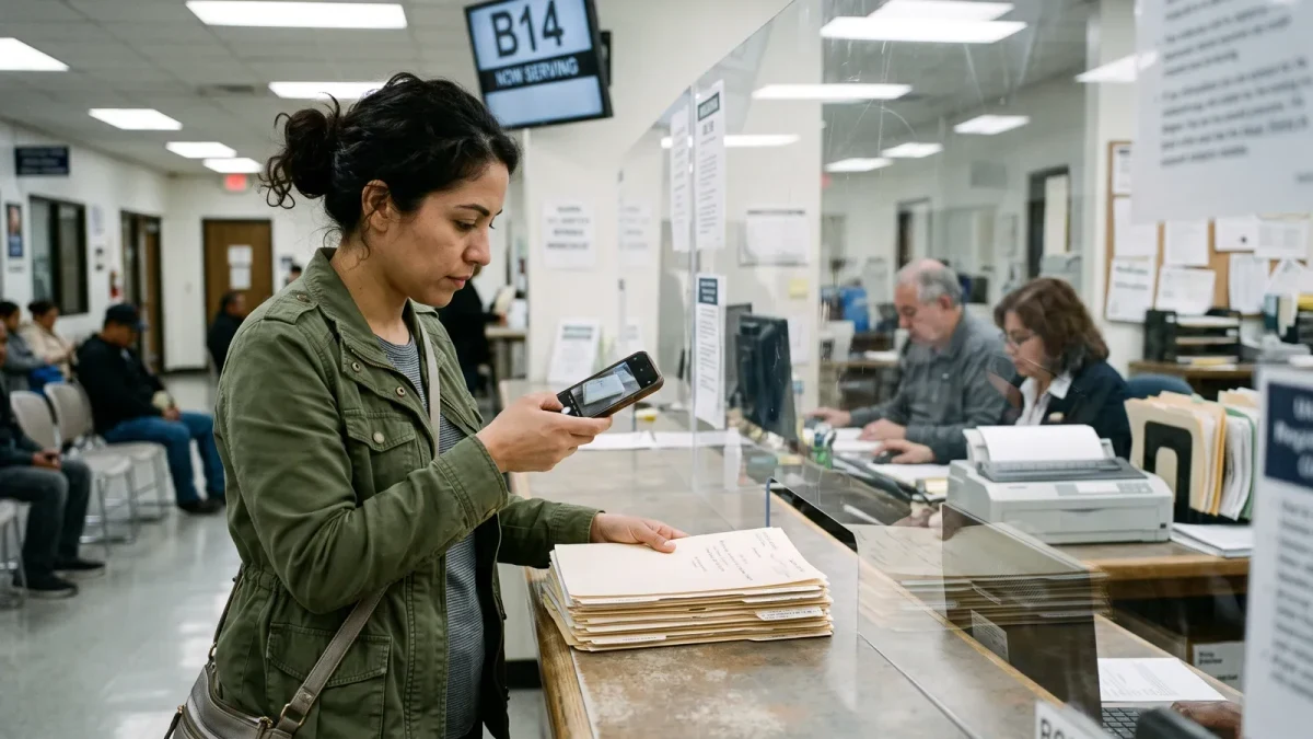 Reporter photographing a stack of paper records at a county clerk counter