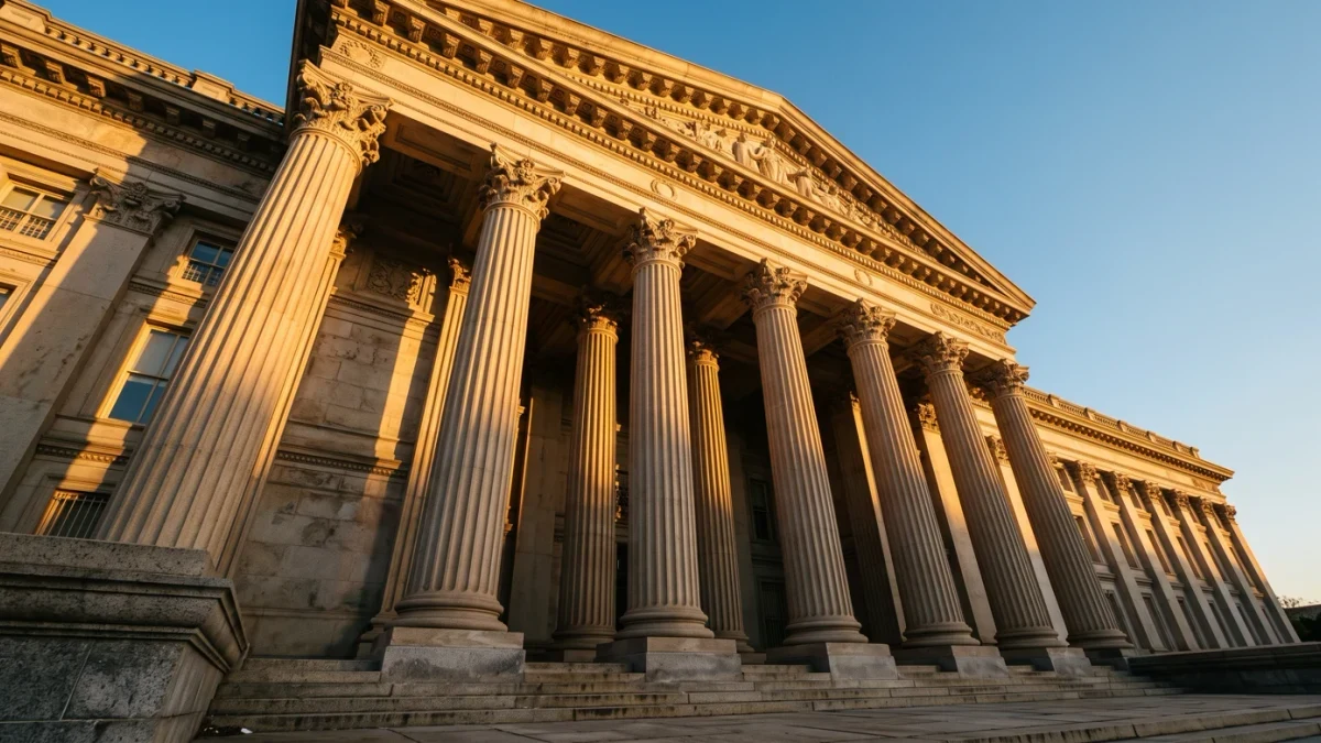 Treasury building facade with sunlight crossing stone columns