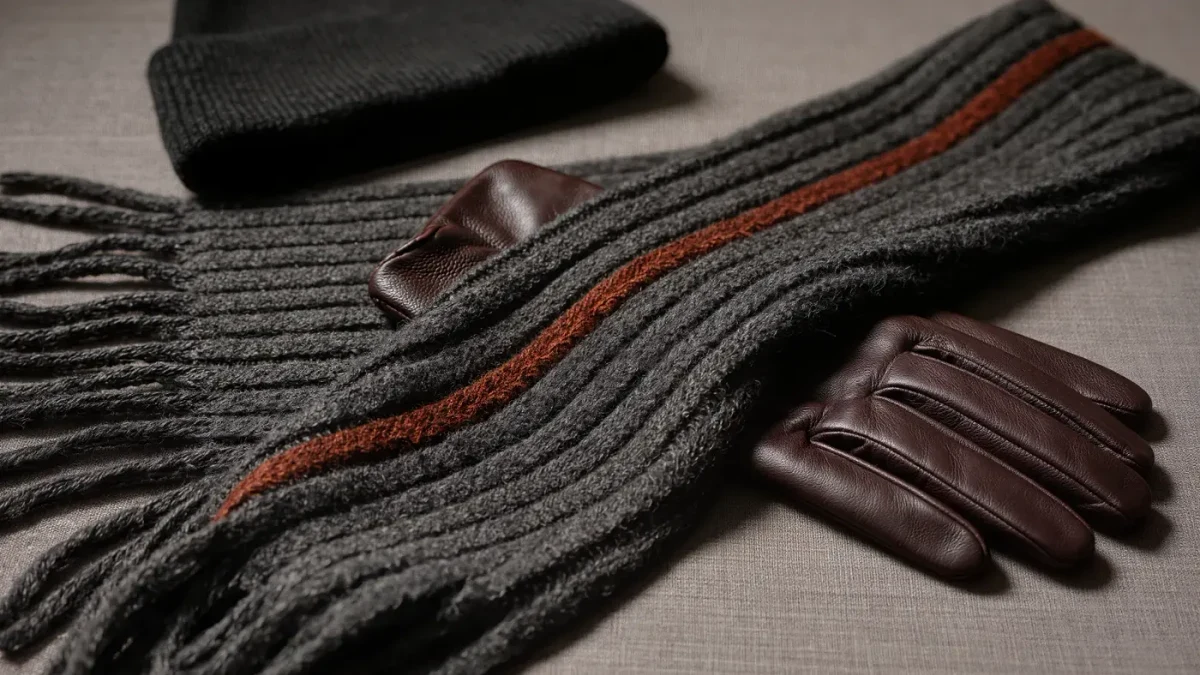 Close-up of thick ribbed charcoal wool scarf texture with leather gloves beneath