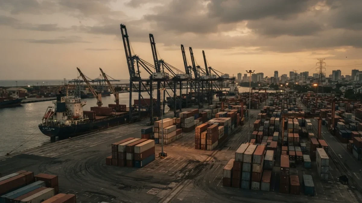 Container port cranes at dusk in an emerging economy