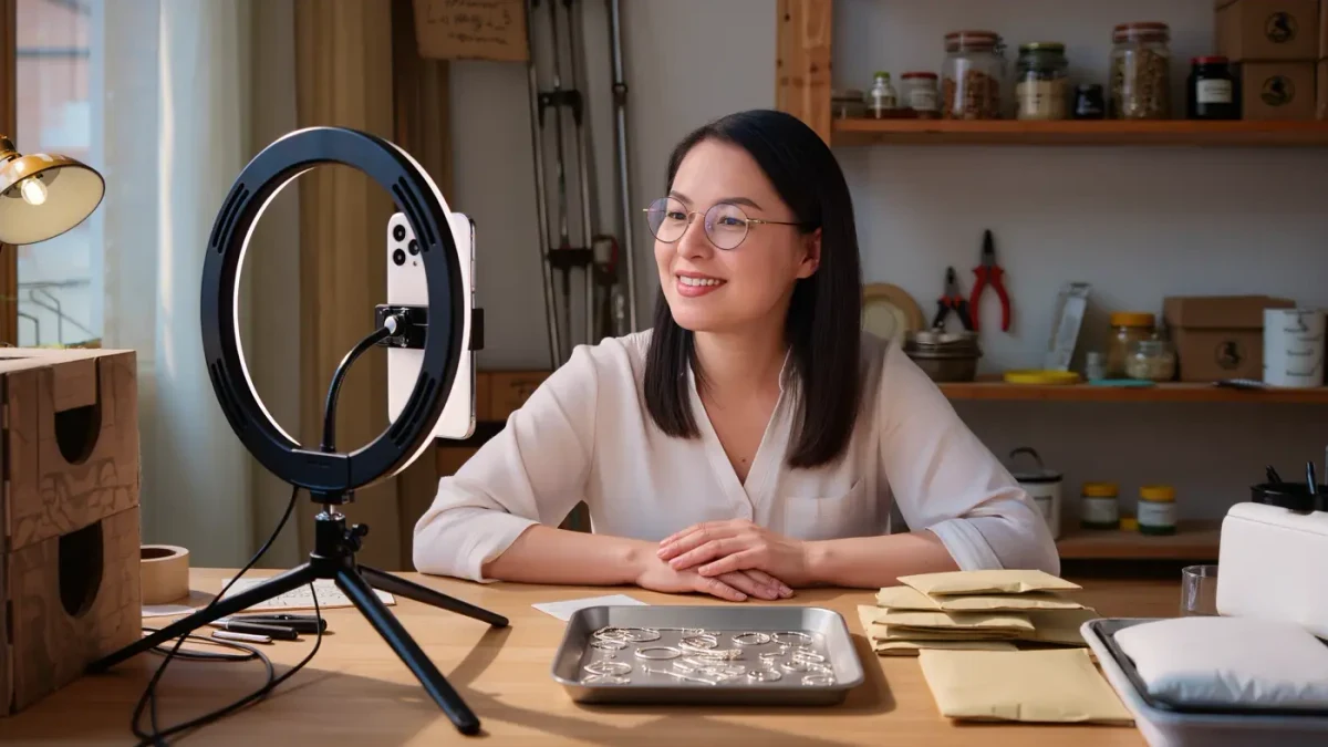 Host presenting jewelry live to a phone camera on tripod