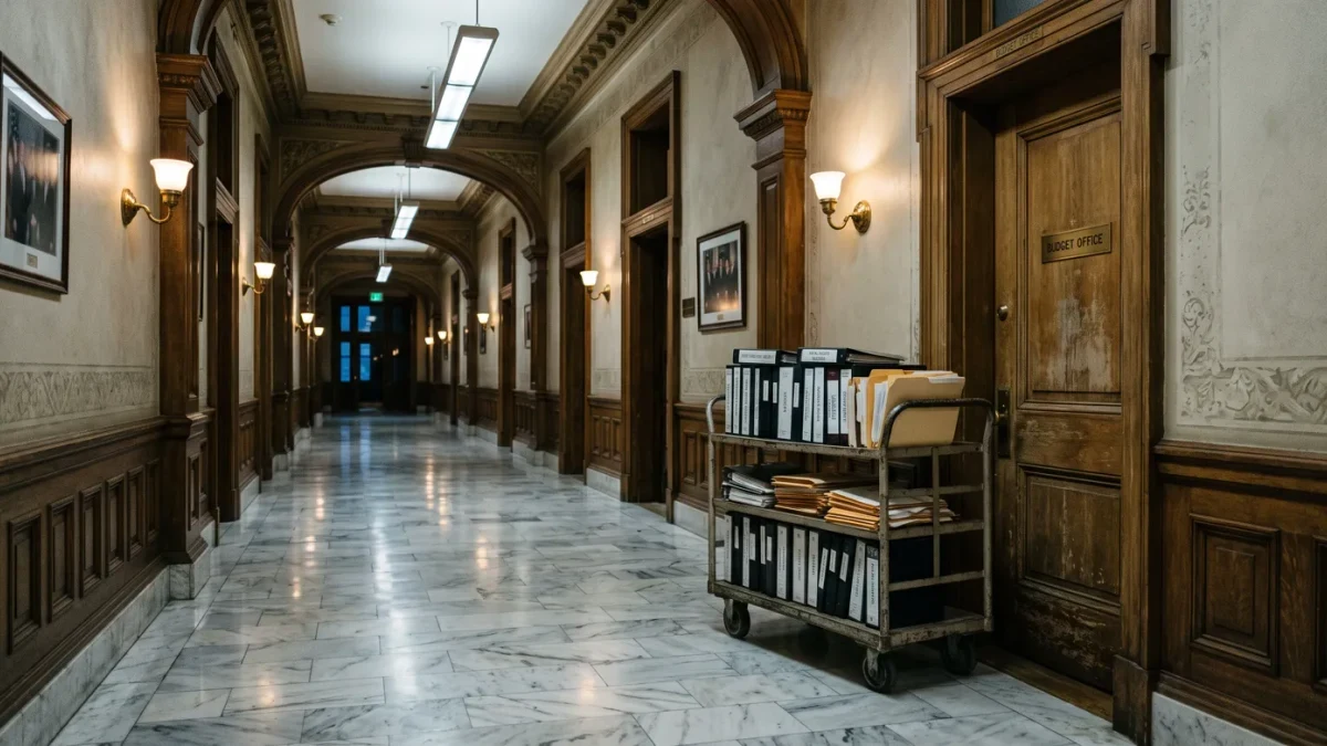 State capitol budget office corridor with stacked ledger cartons