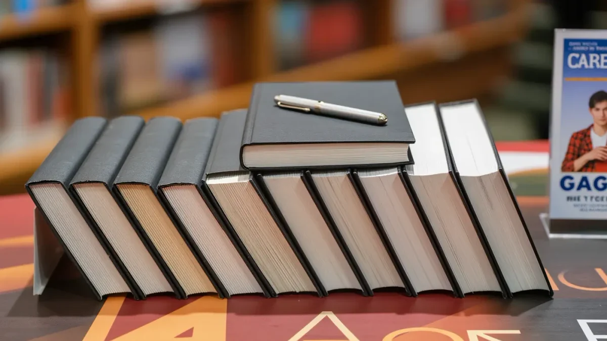 Close-up of signed debut hardcovers stacked at a signing table