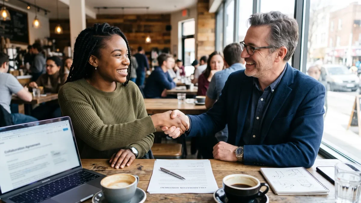 Creator signing a sponsorship agreement with a brand manager
