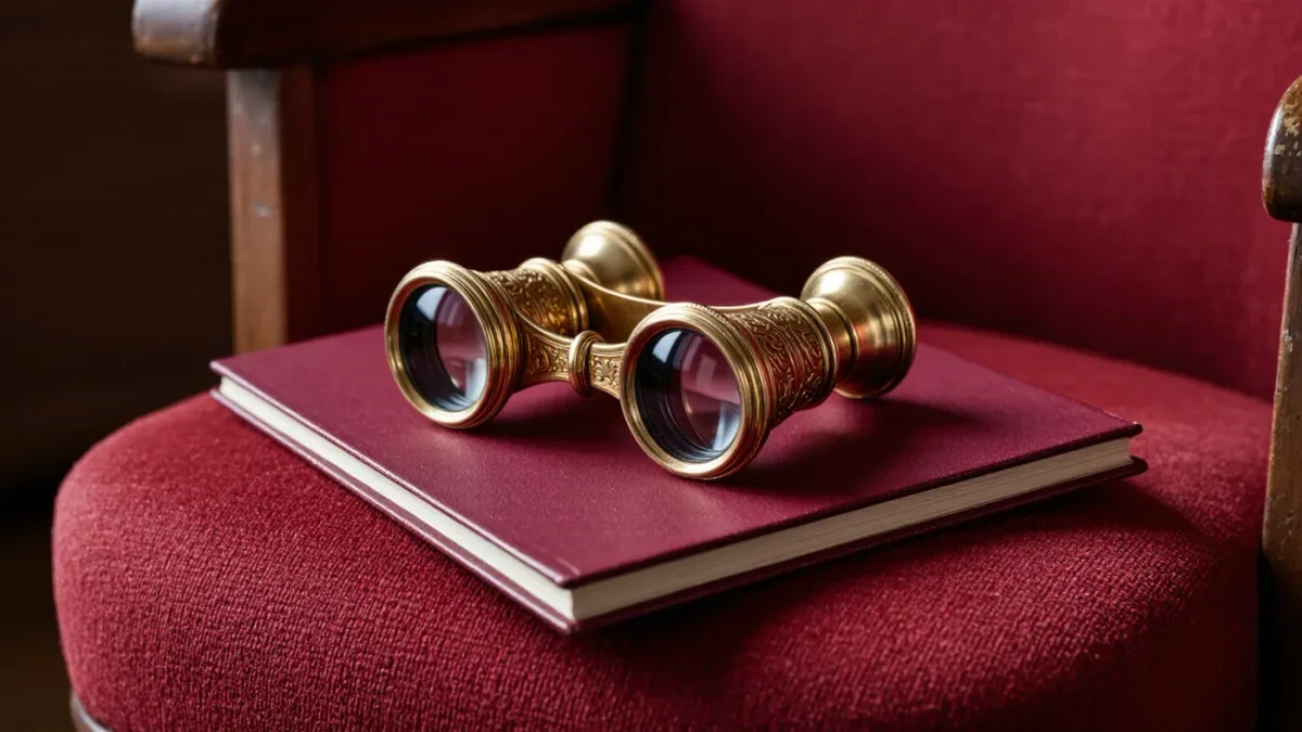 Gilt opera glasses resting on a folded crimson programme on velvet