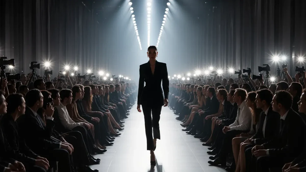 A model mid-runway at a brightly lit show finale with camera flashes popping