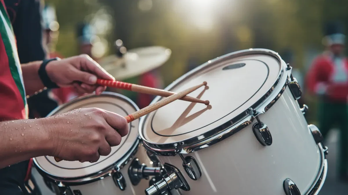 Close-up of festival drumline hands in a summer park