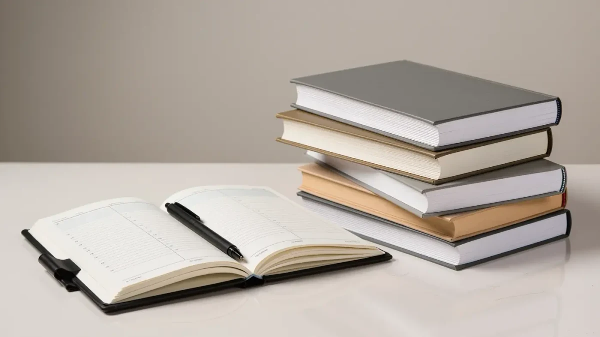 Stack of generic blank manga volumes beside a monthly planner