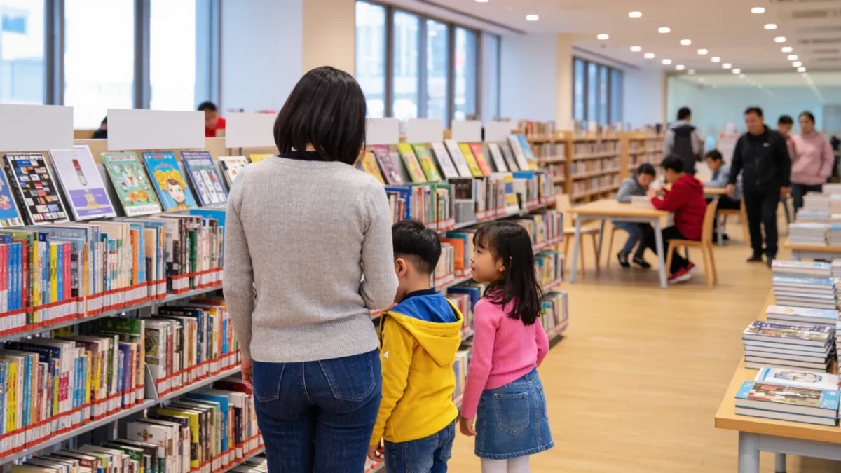 Parent and children browsing shelves at public library