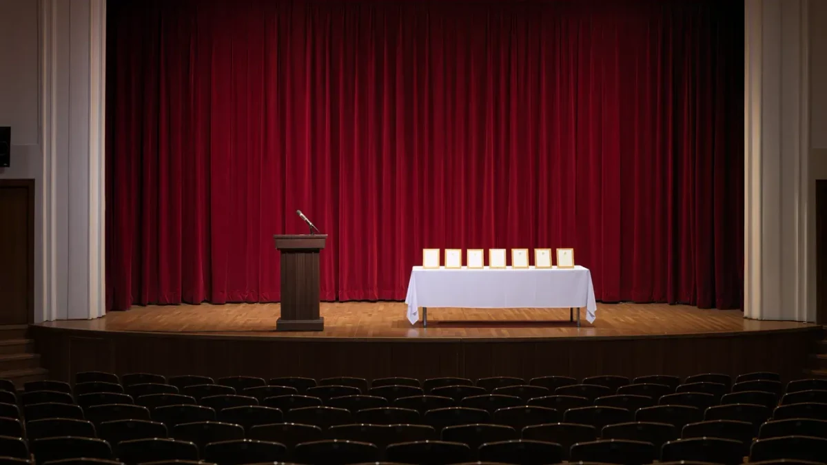 Auditorium stage with podium and sealed envelopes before an awards ceremony