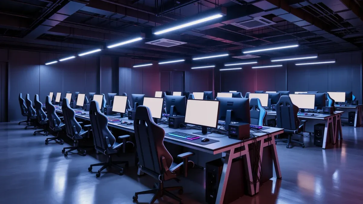 Empty competitive training facility with rows of gaming PCs glowing