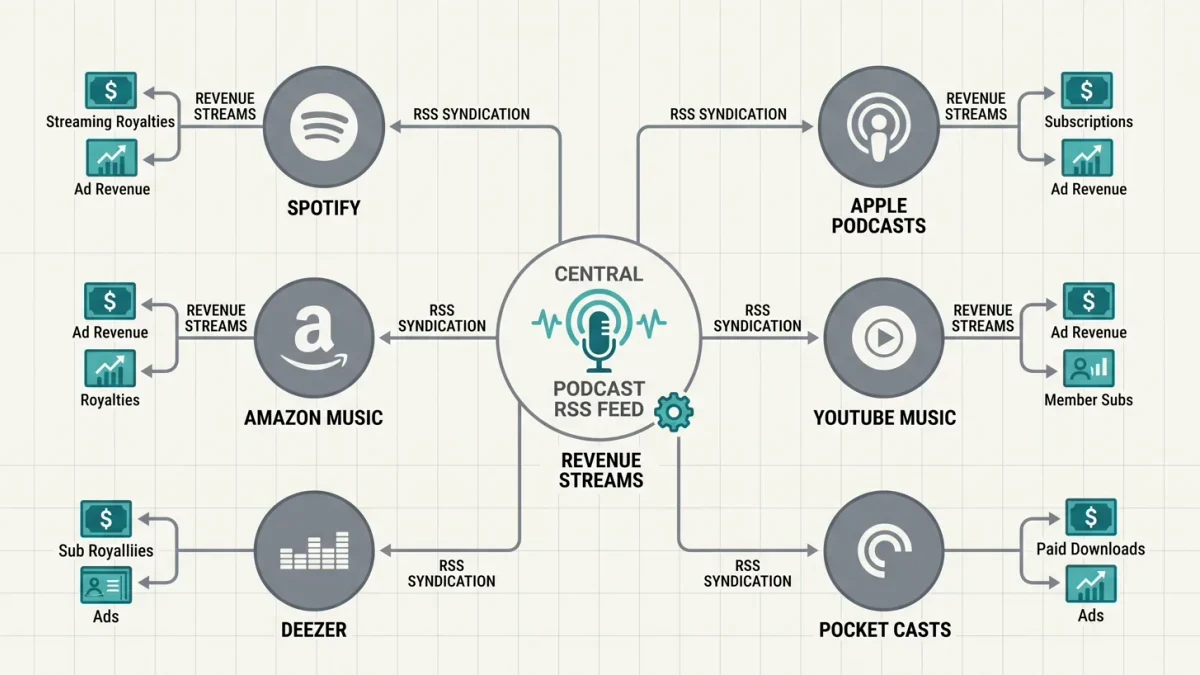 Podcast studio microphones across platforms diagram infographic