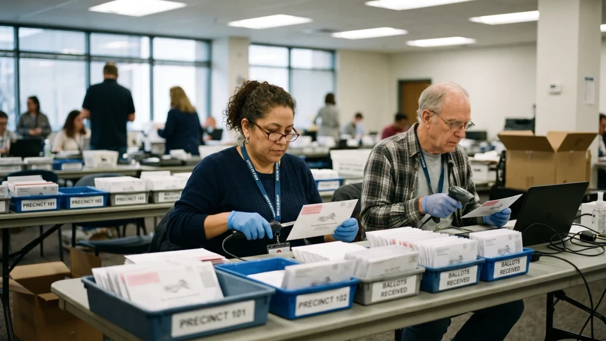 Election officials processing mail ballot envelopes at scanning station