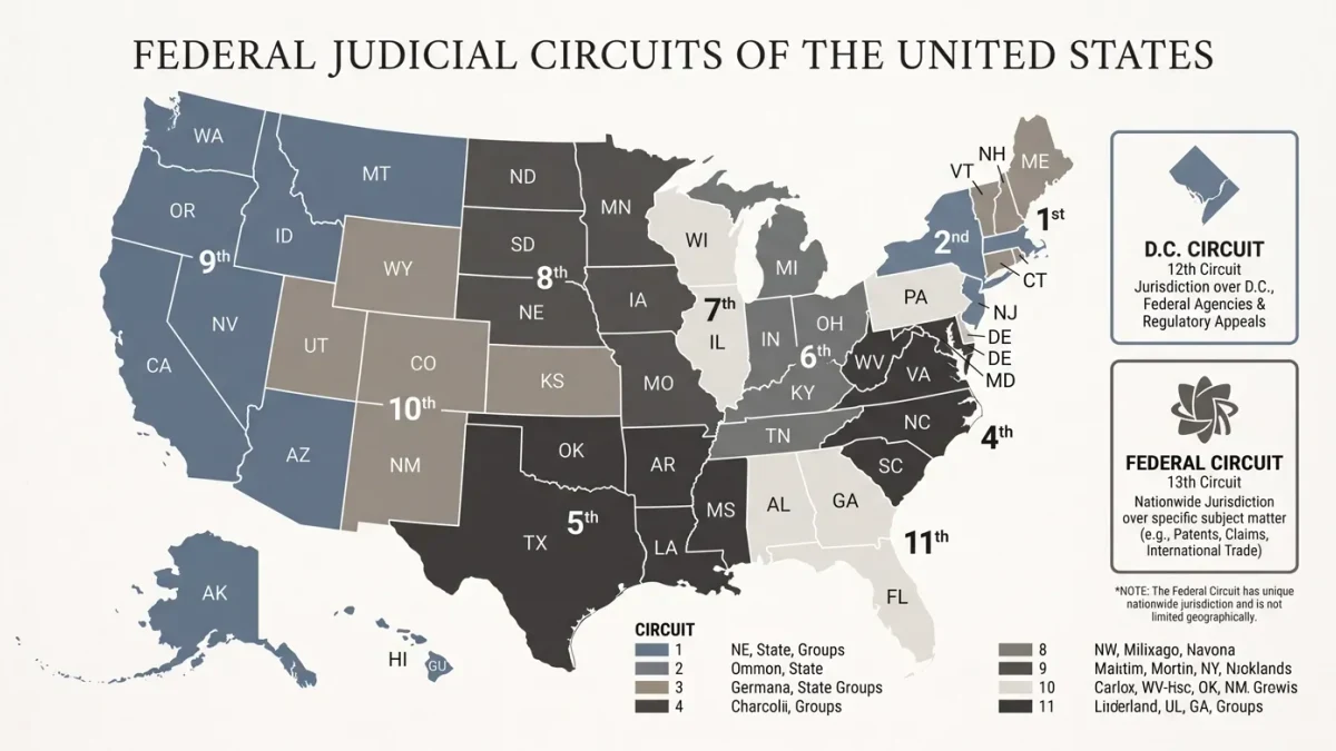 U.S. map infographic of the thirteen circuit courts