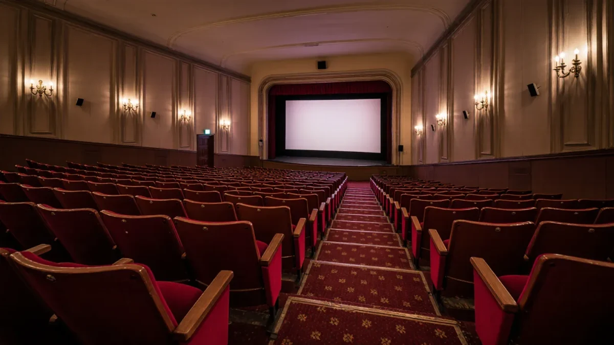 Empty cinema auditorium with red velvet seats