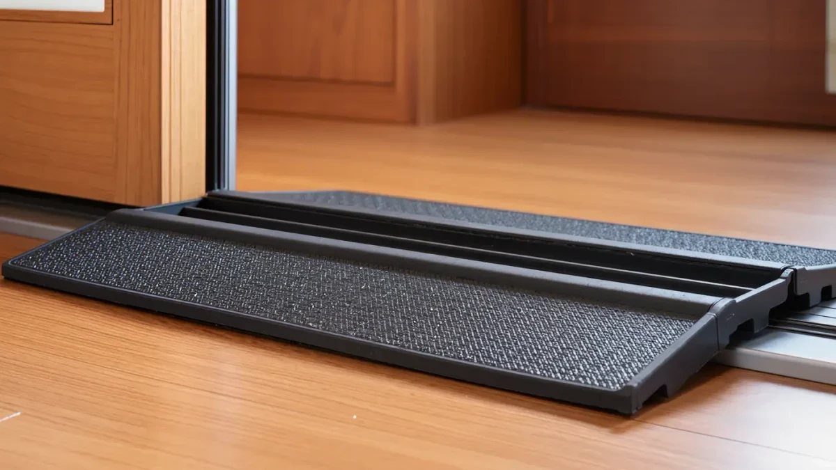 Black rubber threshold ramp bridging a sliding door track