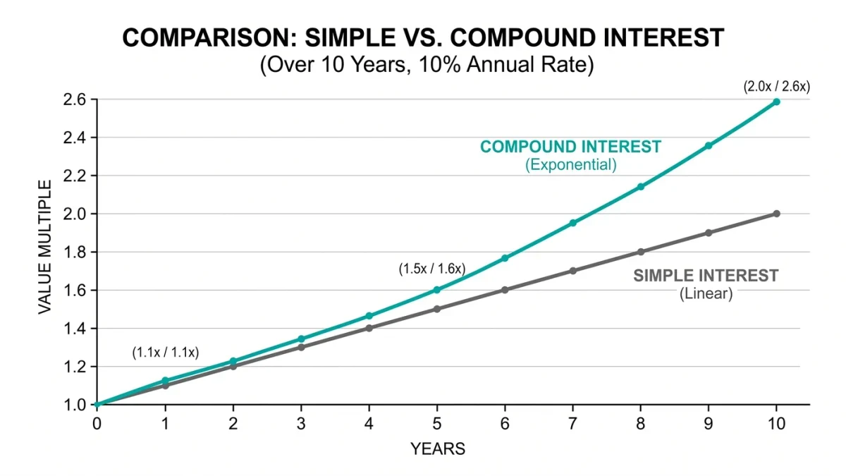 Side-by-side growth curves of simple and compound interest over time