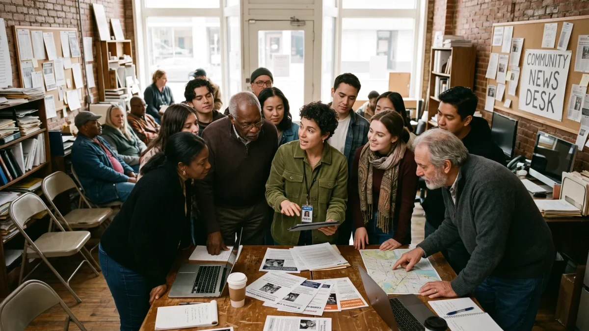 Crowd of diverse community members at a newsroom open house event