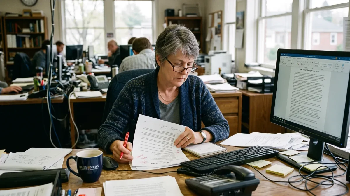 Editor reviewing text on a monitor beside a printed agenda in a small office