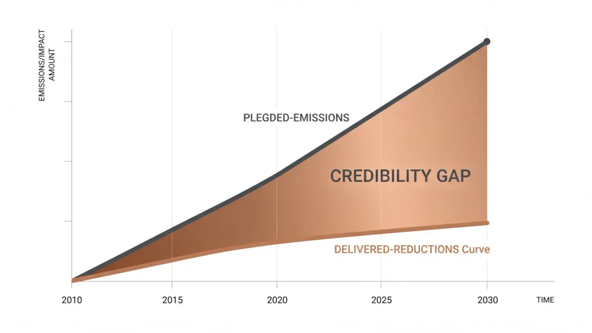 Infographic comparing pledged emission curves with delivered reductions
