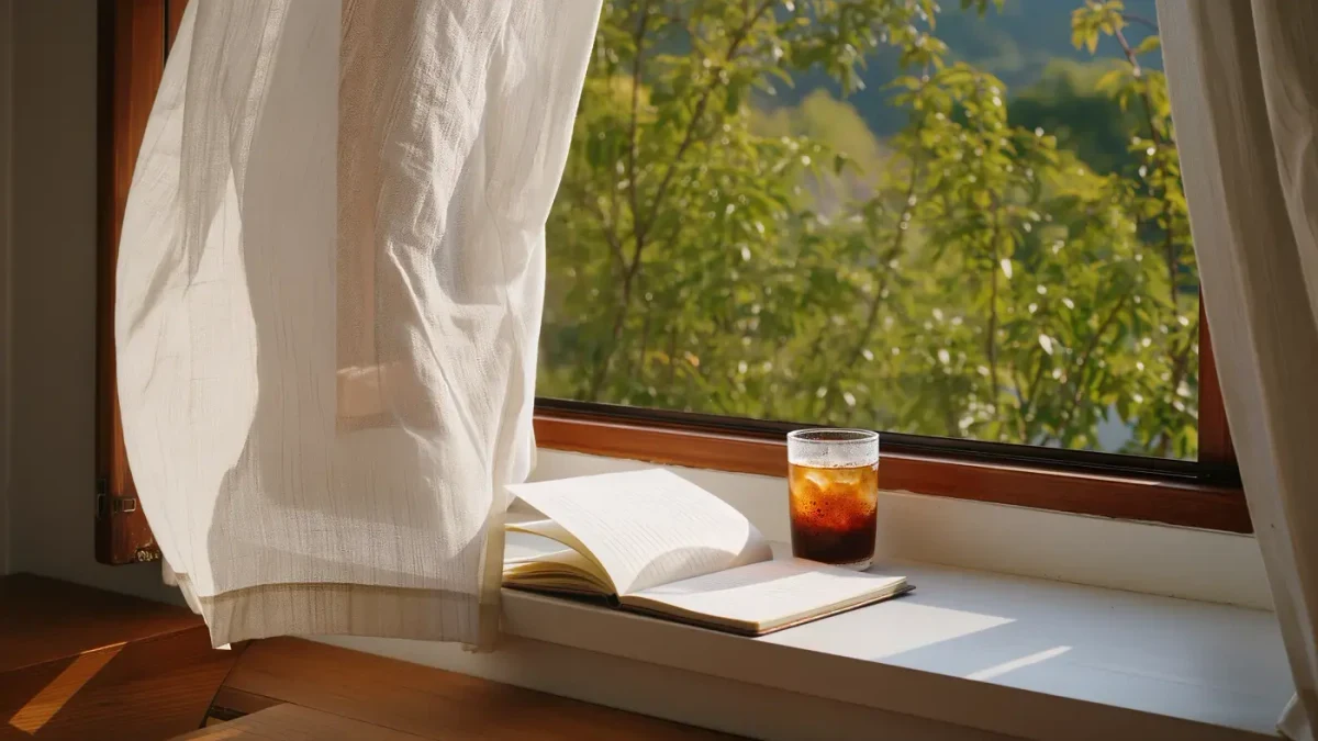 Sunlit office window ledge with iced coffee and open notebook