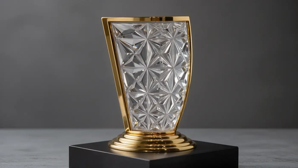 Engraved museum prize trophy on a plinth in close detail