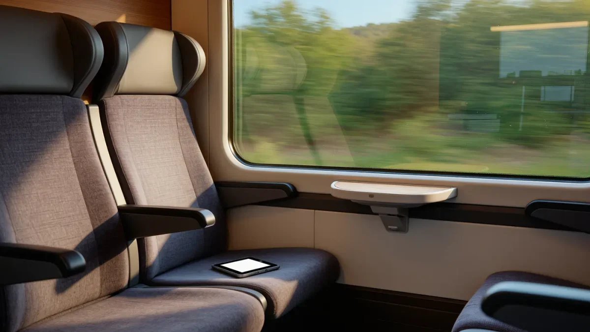 Empty train seat by the window with a resting e-reader