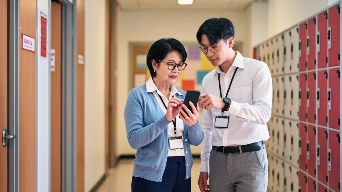 Two educators reviewing an app together on a phone in a hallway