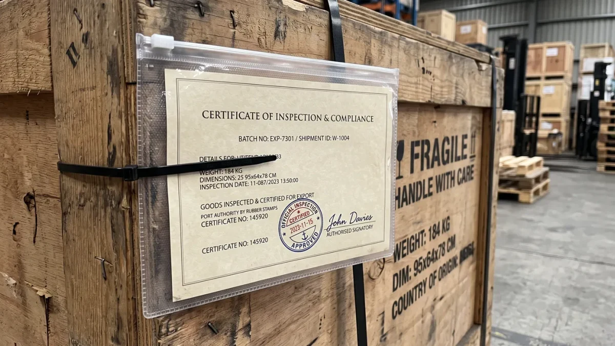 Close-up of stamped origin documents clipped to a sealed crate