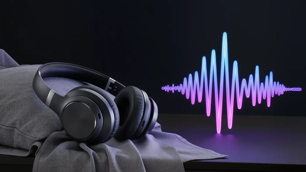 Close-up of wireless headphones resting beside an audio waveform display