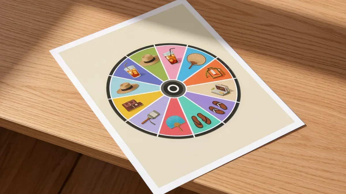 Infographic-style wheel of twelve summer office moods
