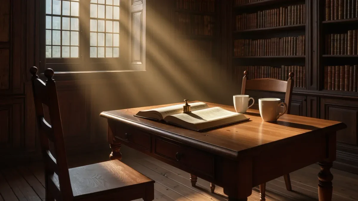 Library reading desk with weighted book and cup in afternoon light