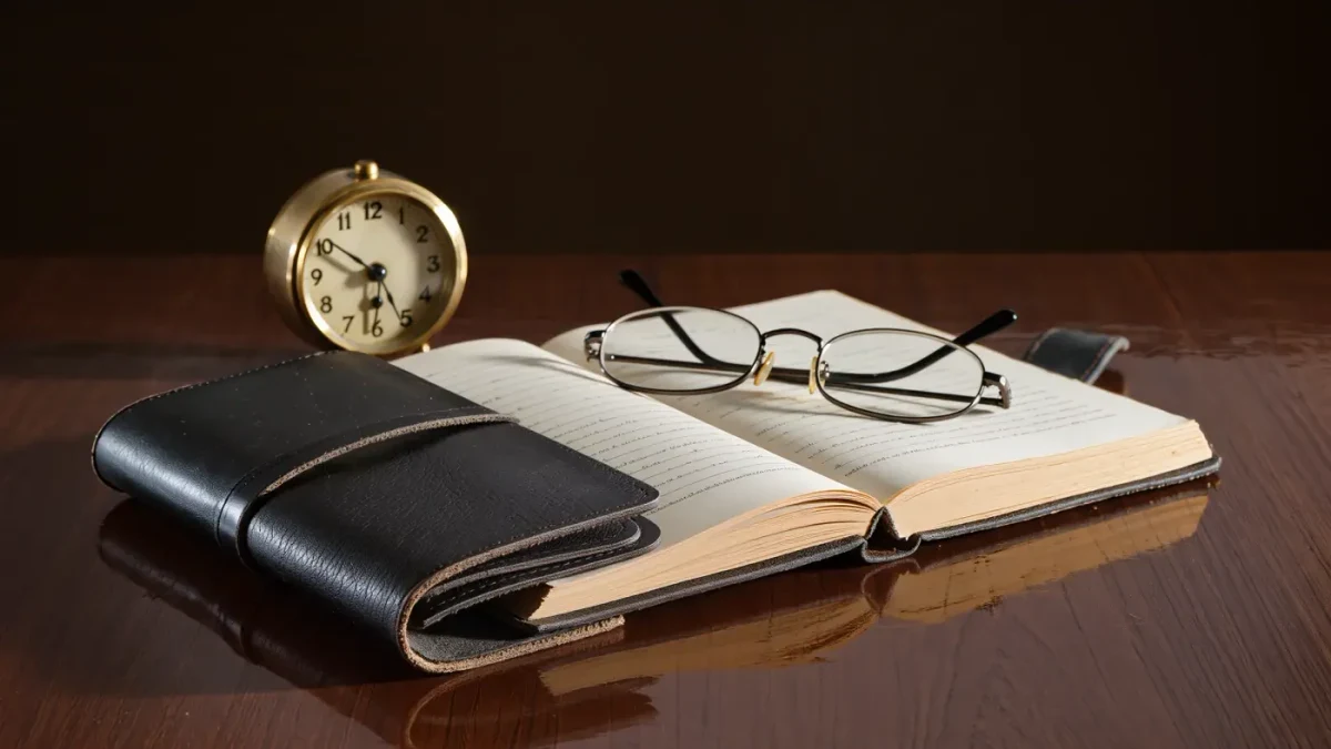 Open leather journal with spectacles and small brass clock on desk