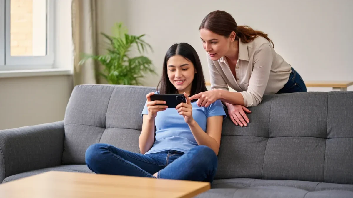 Teenager watching a phone video while a parent points at the screen