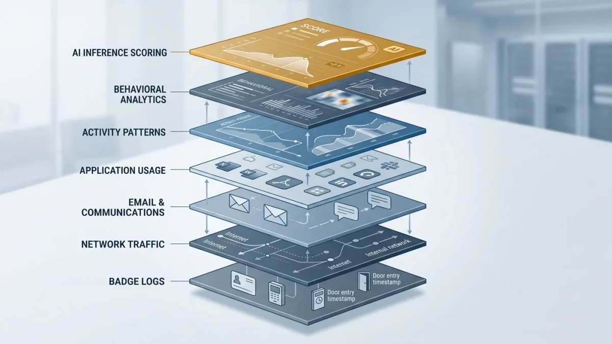 Infographic of monitoring data layers from badges to AI inference scores