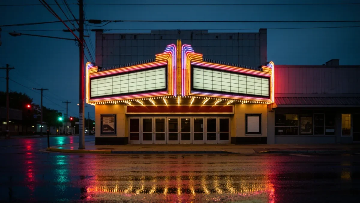Old cinema marquee glowing at dusk on an empty street