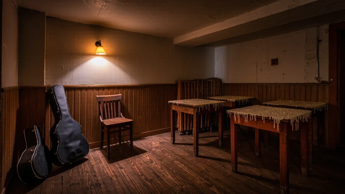 Empty London folk club back room with guitar case and chair