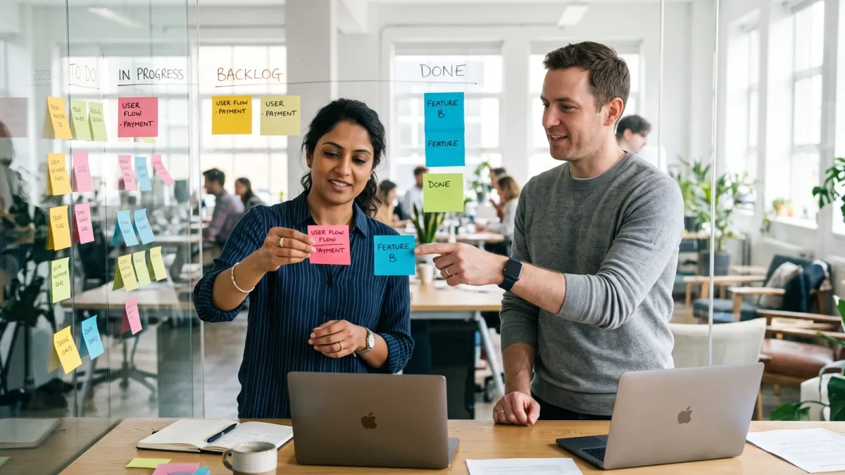 Two teammates rearranging model-candidate sticky notes on a glass wall