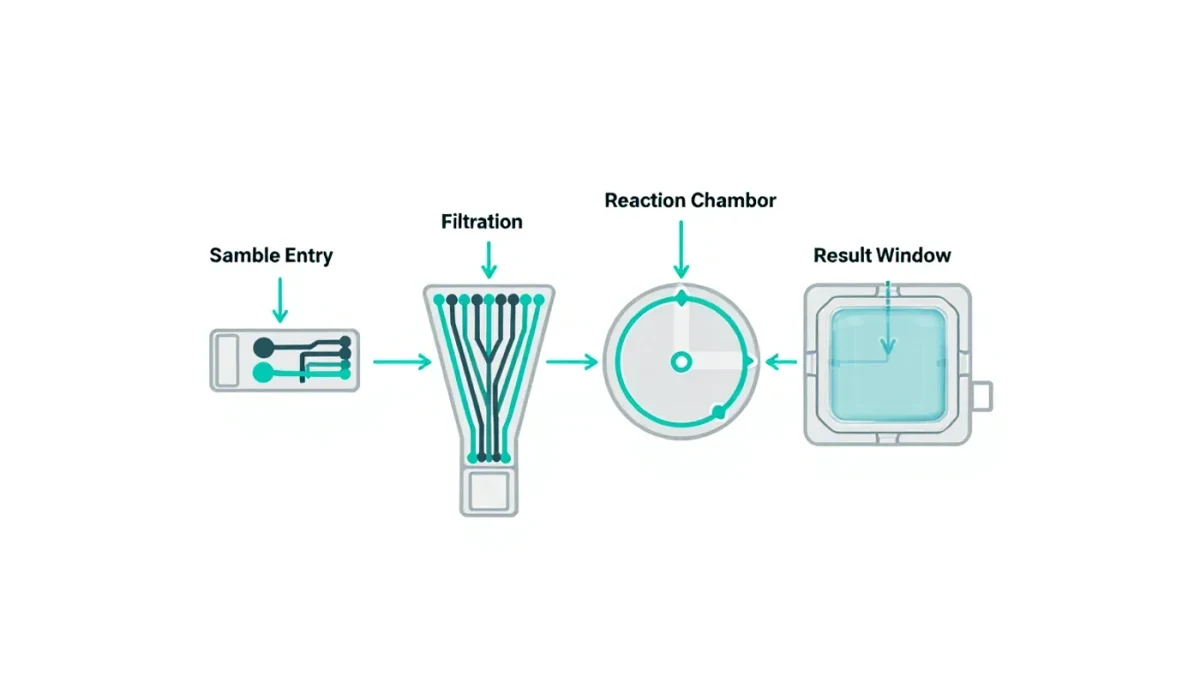 Infographic chart showing steps of a microfluidic diagnostic chip from swab to result